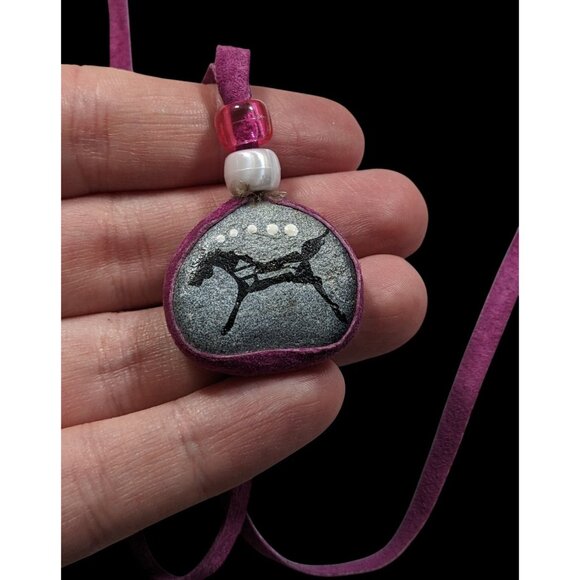 Native Hand Painted Mustang Rock Pendant Necklace With Purple Suede Cord - Picture 6 of 8